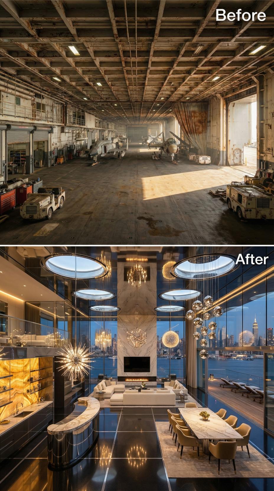 Oval Skylights Cut Into Blackened Steel Where Fighter Jets Once Sat