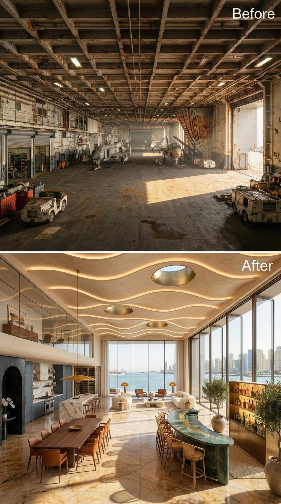 Wave-Form Plaster Ceiling, Green Marble Bar, and Floor-to-Ceiling Glass Facing Open Water