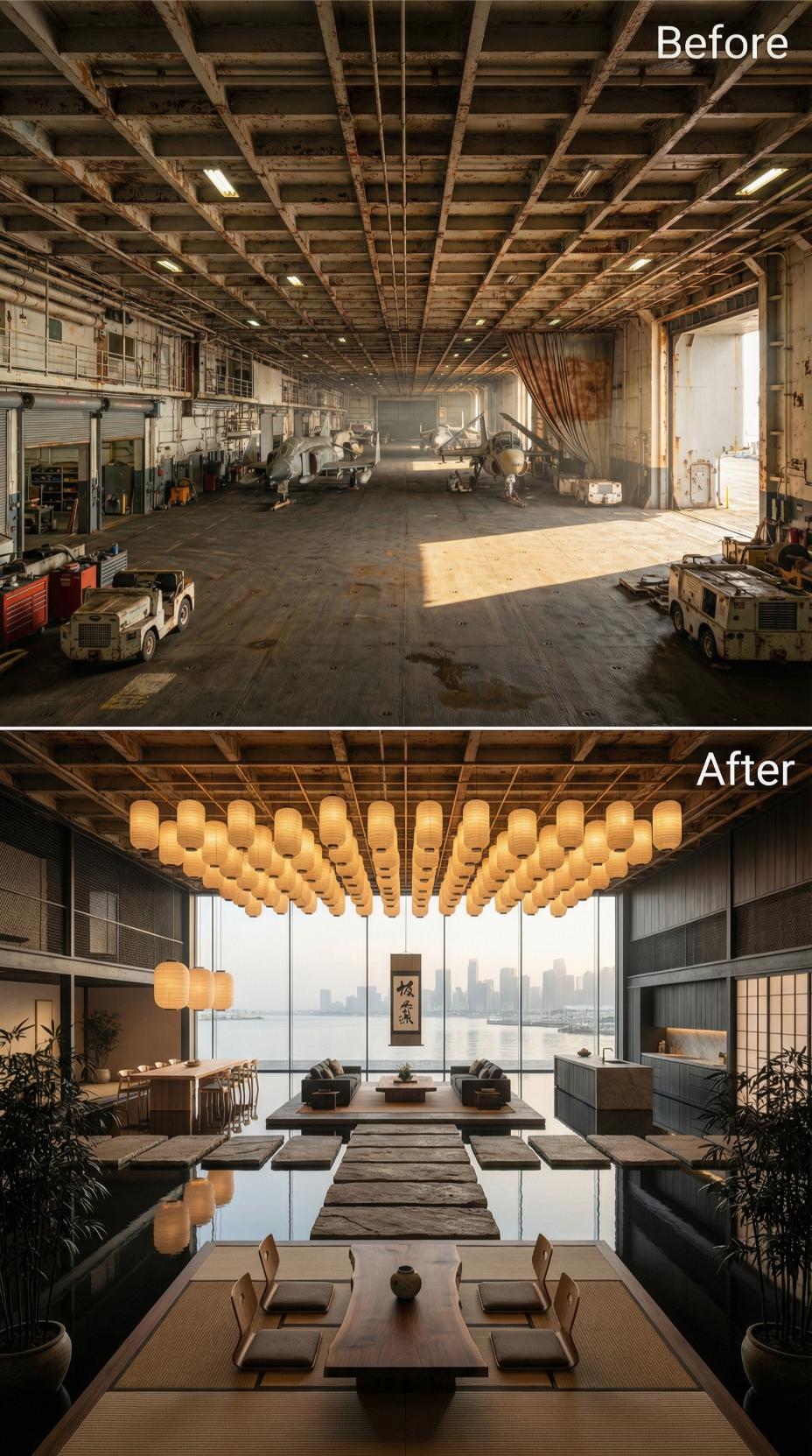 Paper Lanterns by the Hundreds, Low Tables, and a Skyline Framed in Former Steel