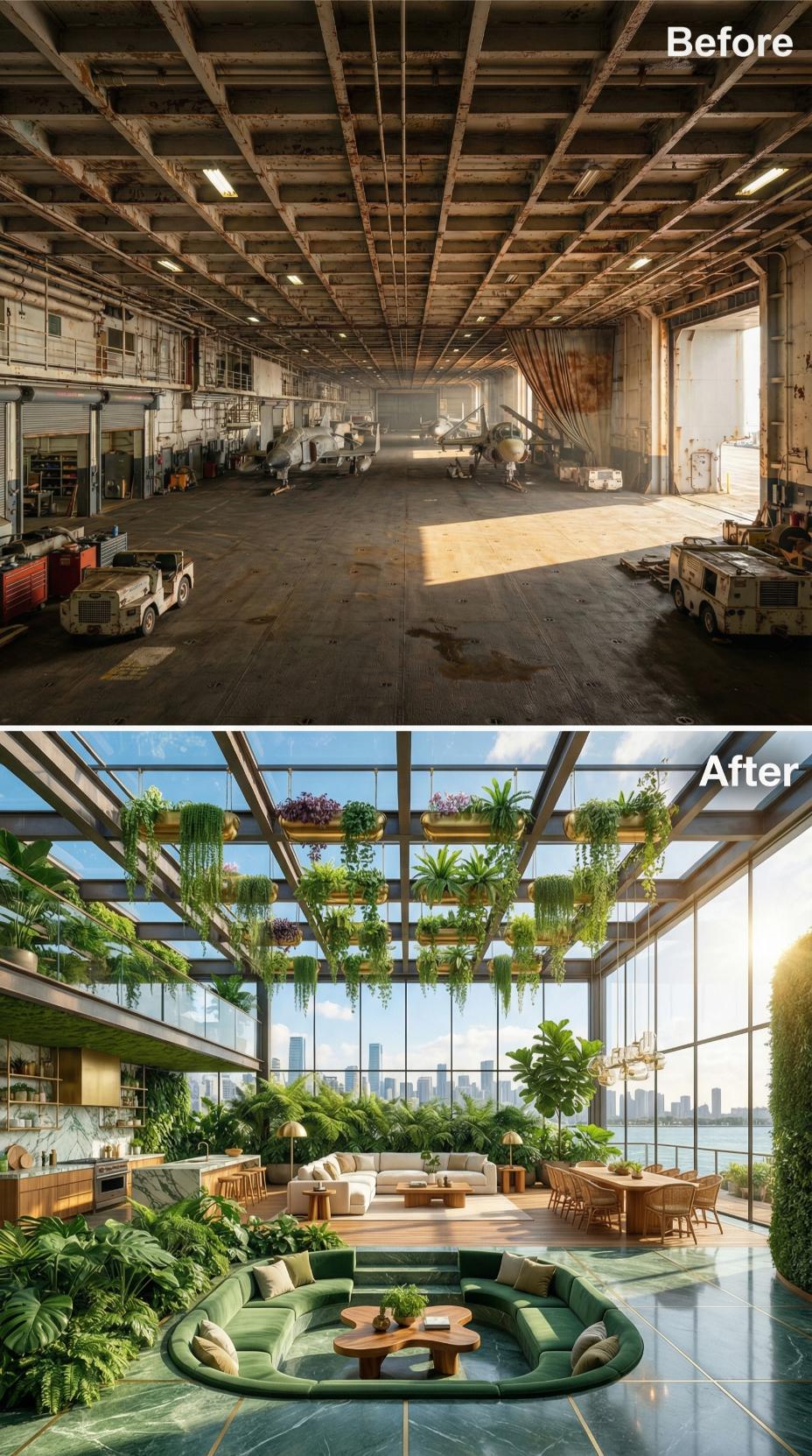 Carrier Hangar Deck Reborn as a Glass-Ceilinged Urban Sanctuary