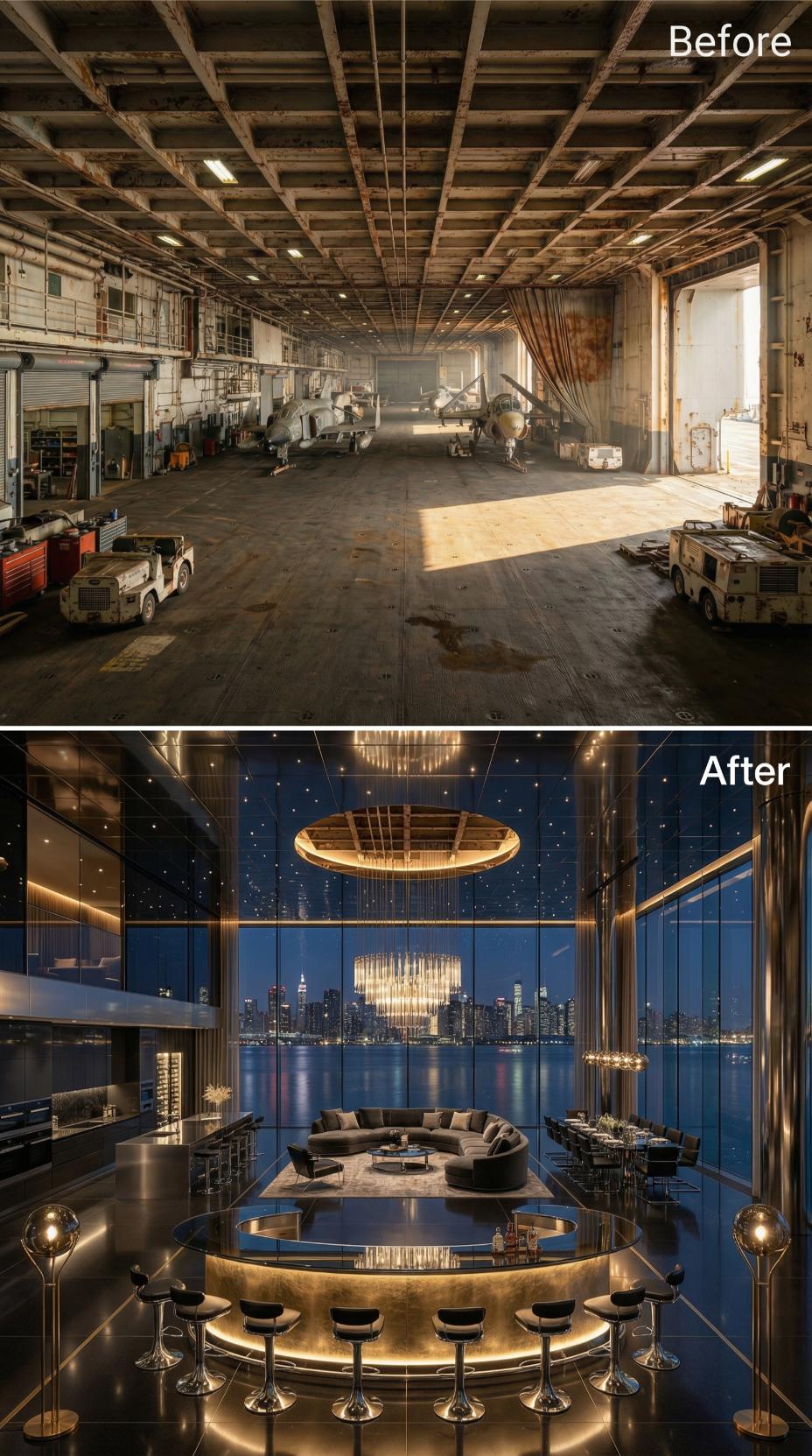 Sunken Bar Ring, Brass Uplighting, and a Skyline Wall Where the Hangar Door Once Stood