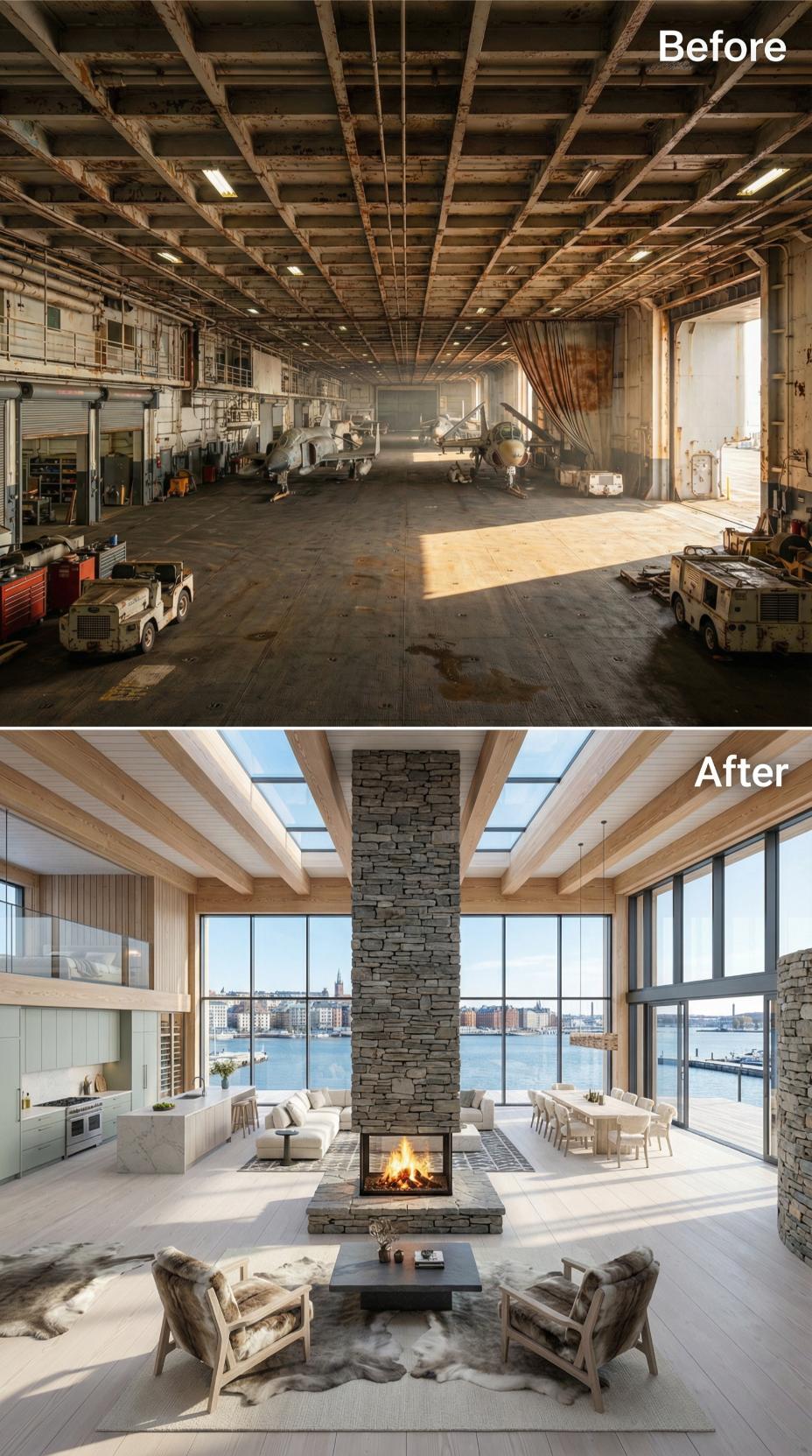 Stacked Slate Fireplace, Skylight Ribs, and a Waterfront Wall Where Rust Once Ran