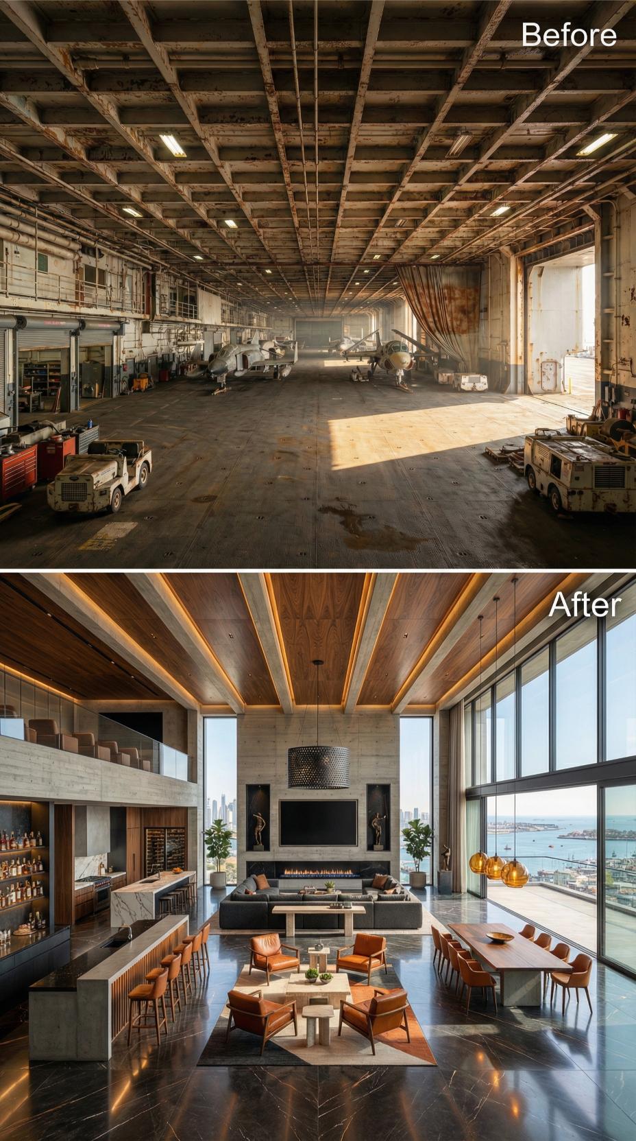 Walnut Ceiling Ribs, Fireplace Stone, and a Bar That Runs the Length of a Runway