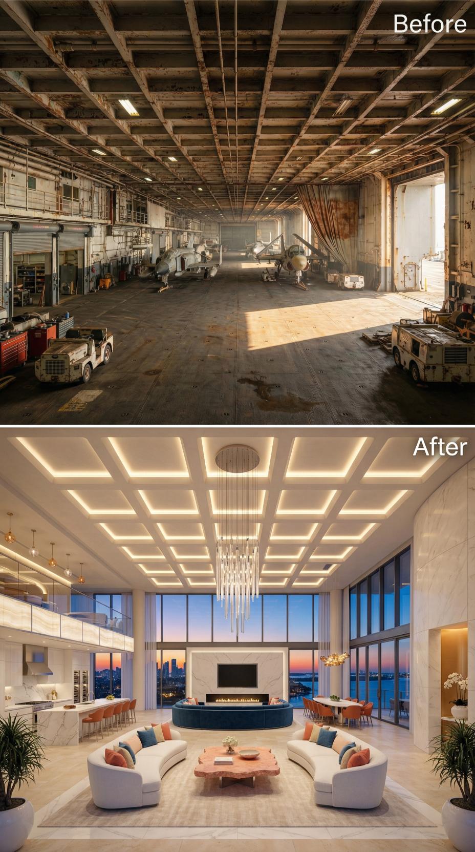 Coffered Cream Ceiling with LED Ribs, Curved White Sectional, and Waterfront Glass at Dusk