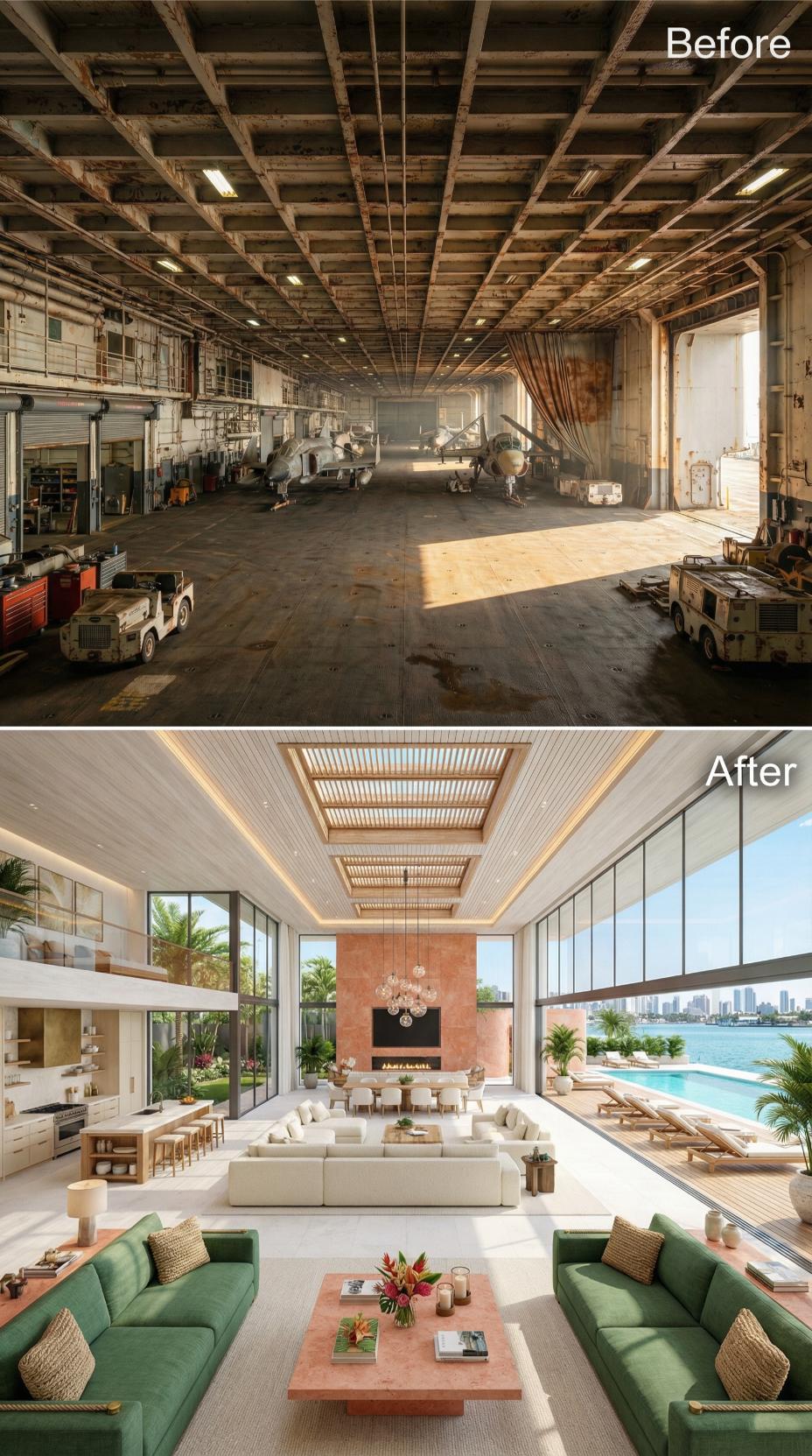 Hangar Bay to Waterfront Living Room — Milk-White Sofas, Green Velvet, Open Sky