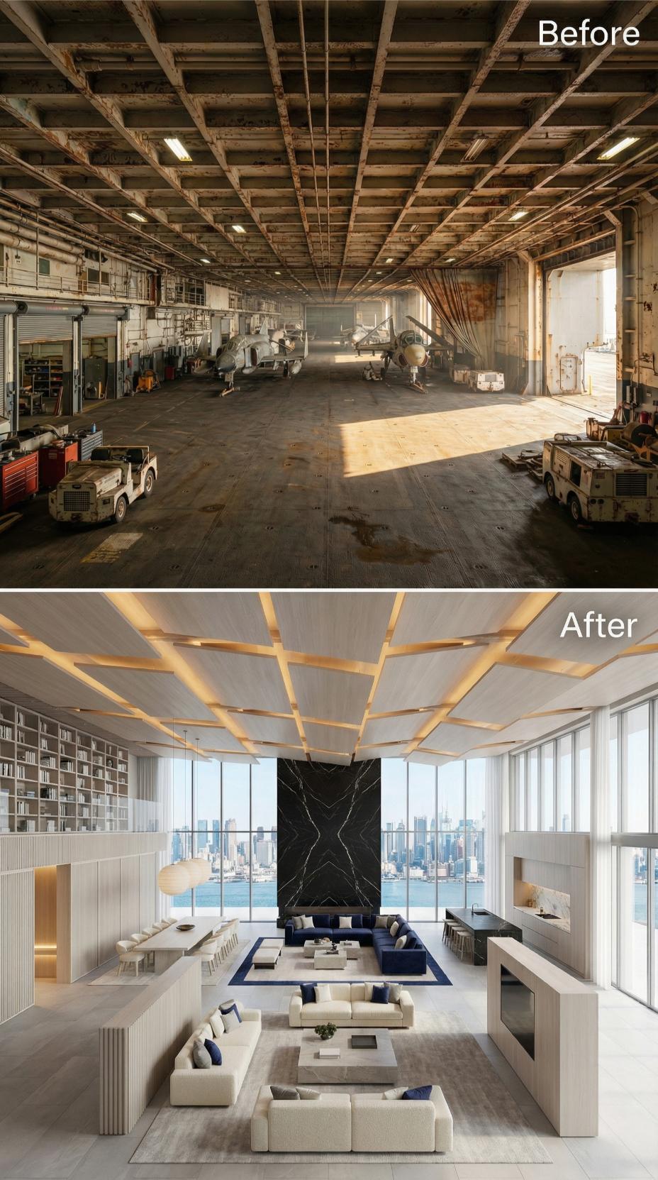Coffered Steel Ribs Refinished in Cream, Navy Velvet Sectionals, and a Black Marble Column at Harbor Glass