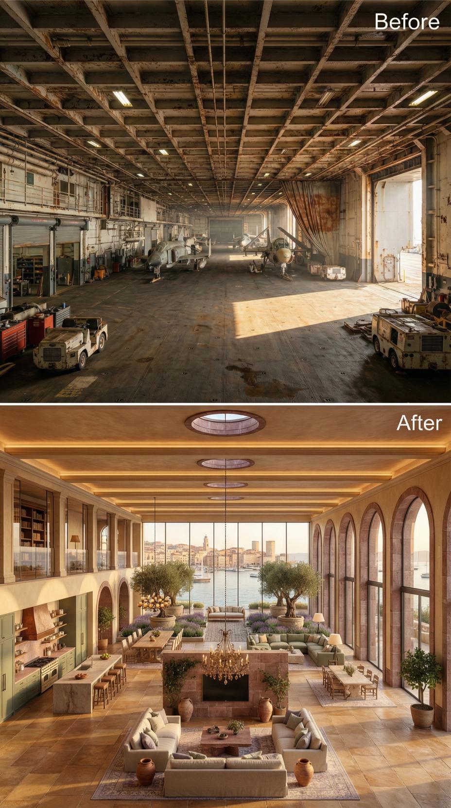 Olive Trees, Arched Stone, and a Fireplace Centered in a Former Jet Bay