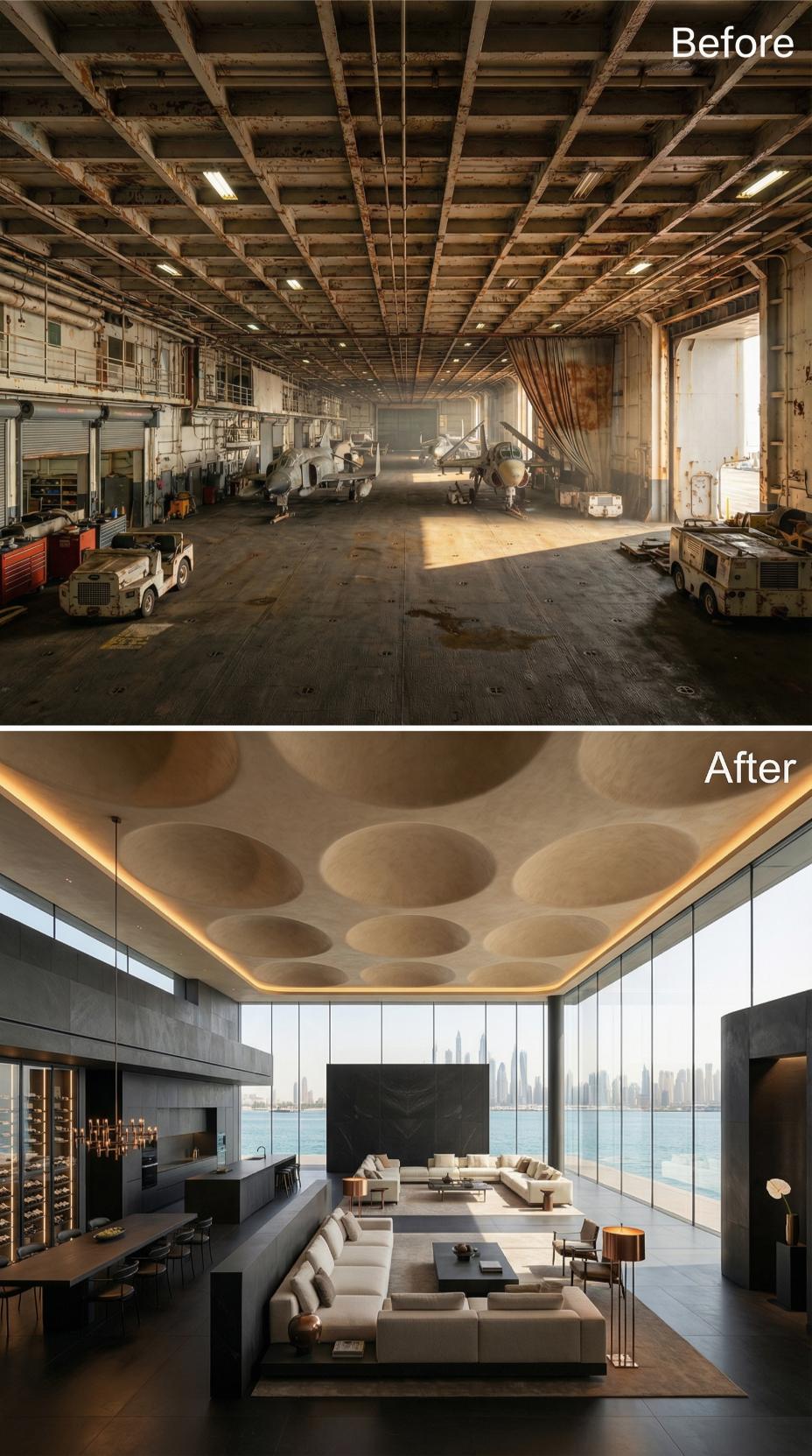 Concave Plaster Ceiling Pods, Cream Sectional Blocks, and Harbor Glass Facing a City Skyline