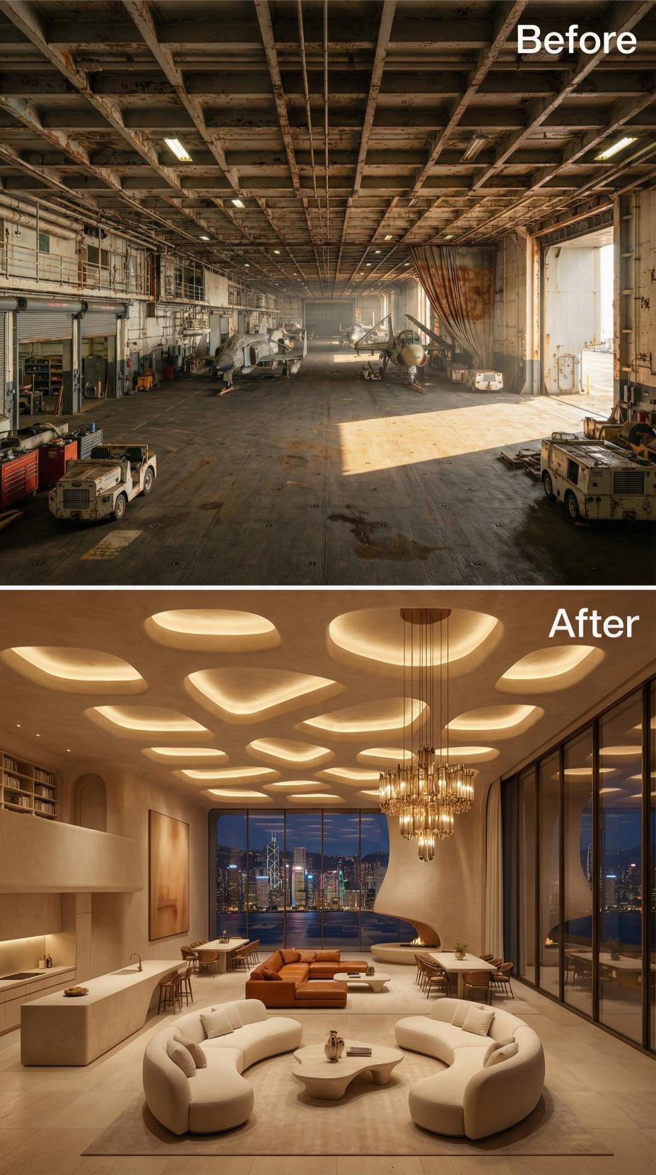 Organic Plaster Ceiling Pods, Cognac Sectional, and a City Skyline Through Full-Height Glass