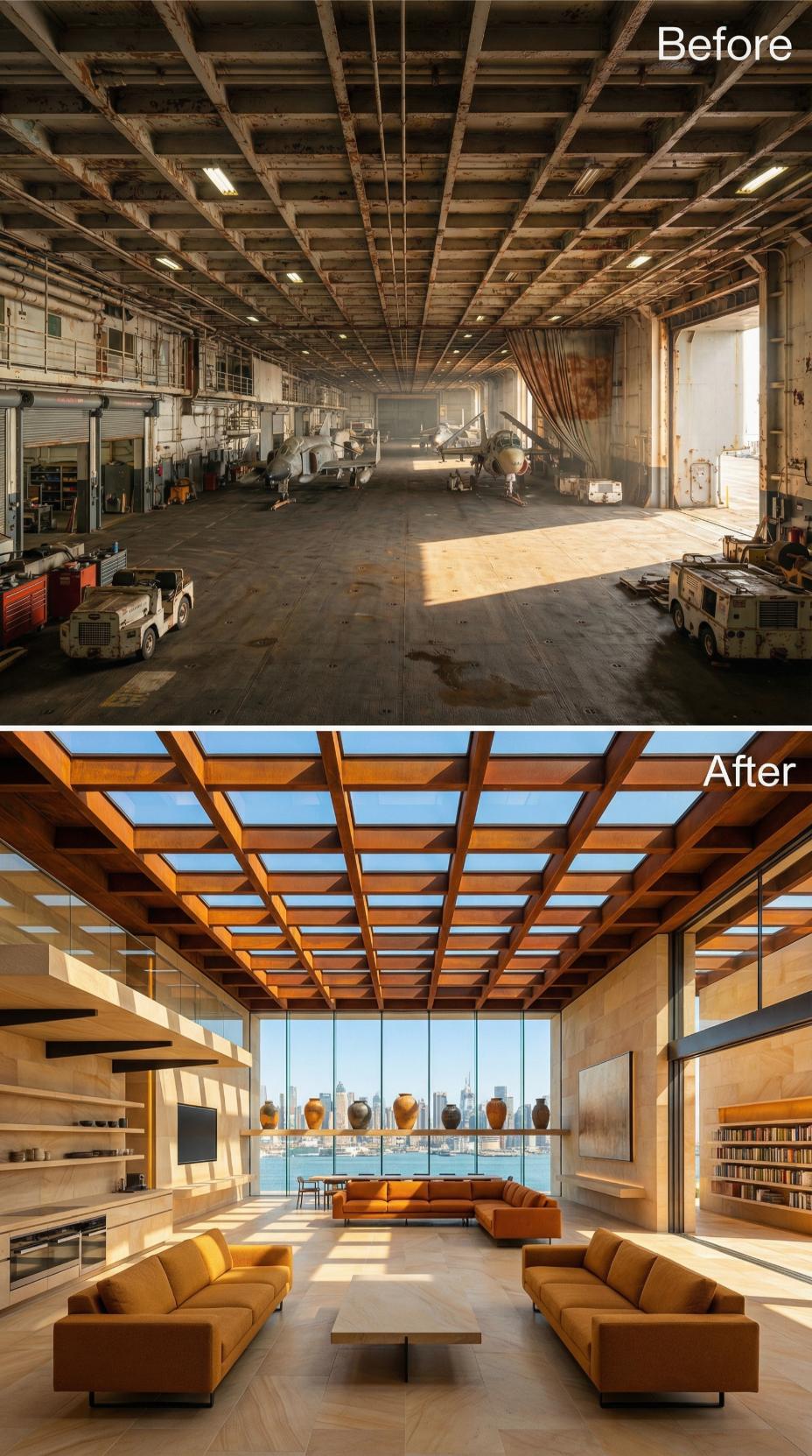 Warm Fir Skylight Ribs, Amber Velvet Sofas, and a City Skyline Through Full-Height Glass