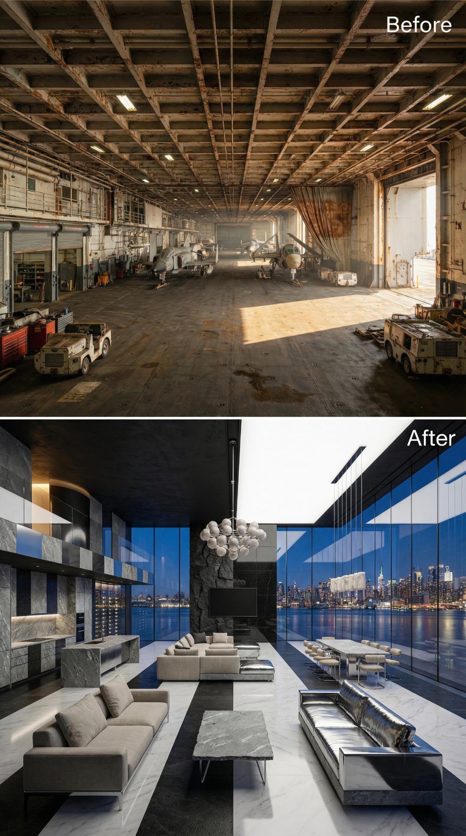 Marble Floors, Orb Chandelier, and a Manhattan Skyline Framed by Full-Height Glass Panels