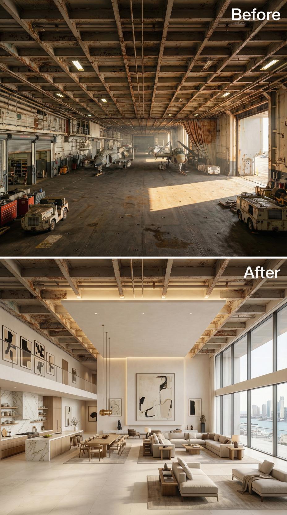 Rust-Stained Ceiling Ribs, Linen Sectionals, and Floor-to-Ceiling Glass Over a City Harbor