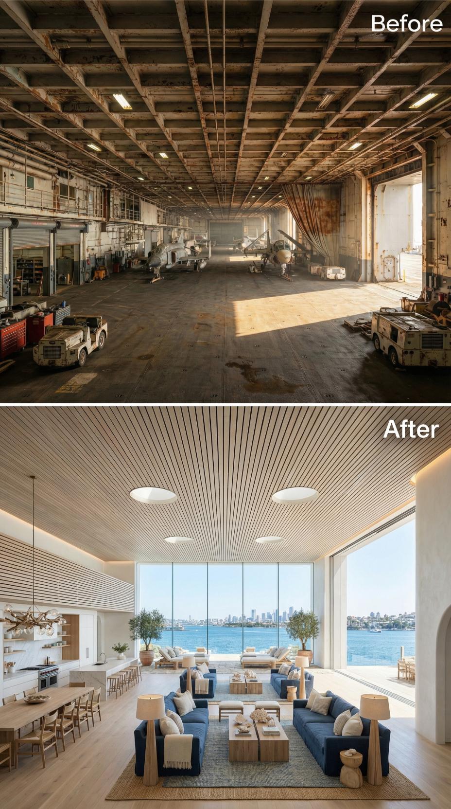 From Rusted Hangar Bay to Waterfront Living Room with Floor-to-Ceiling Views