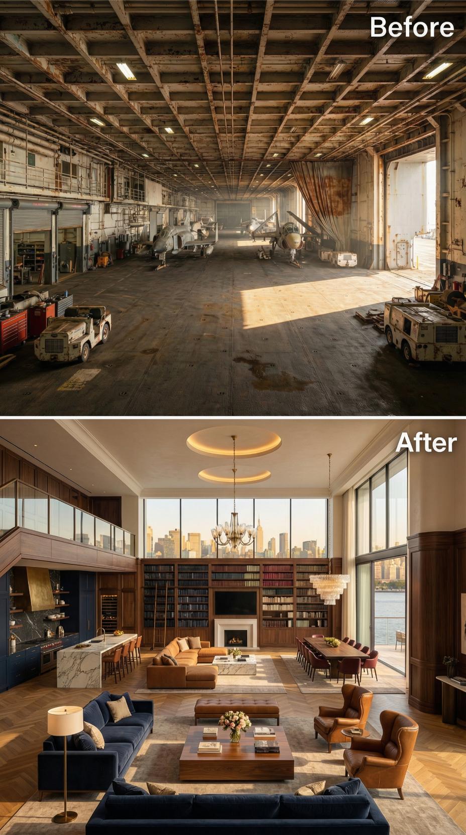 Walnut Bookshelves, Herringbone Oak Floors, and a Chandelier Cascade Where Jet Fuel Once Pooled