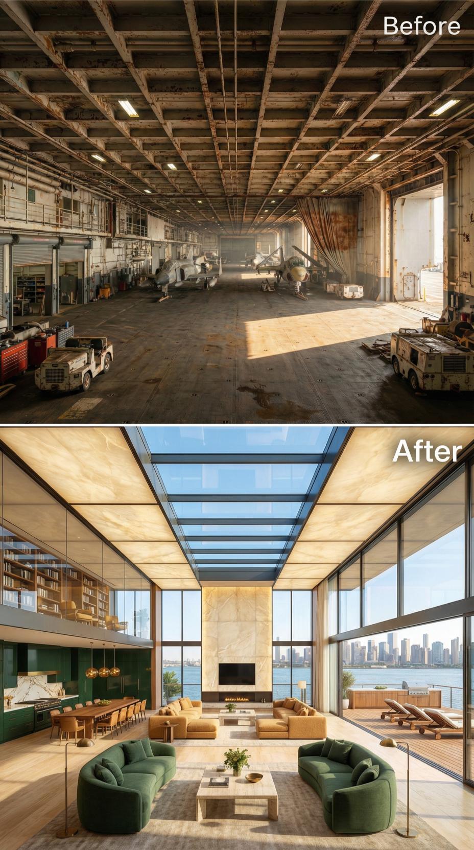 Skylight Ribs, Onyx Ceiling Panels, and Green Velvet Sofas Floating Above a Waterfront Wall