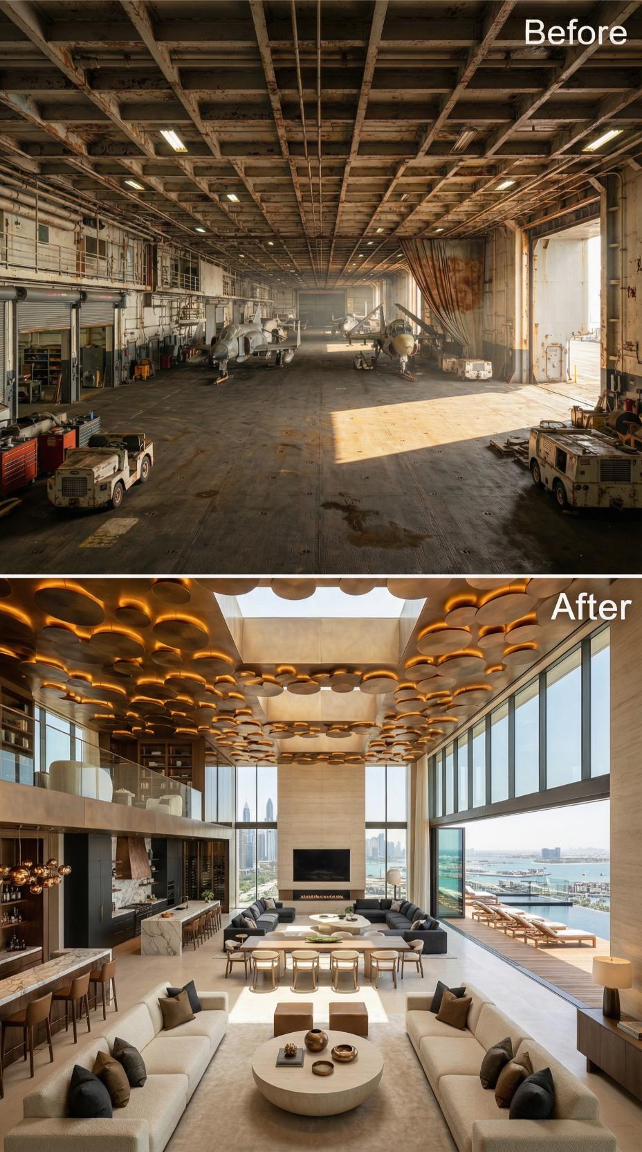Gold Disc Ceiling, Floor-to-Ceiling Glass, and Sofas Sized for a Hangar