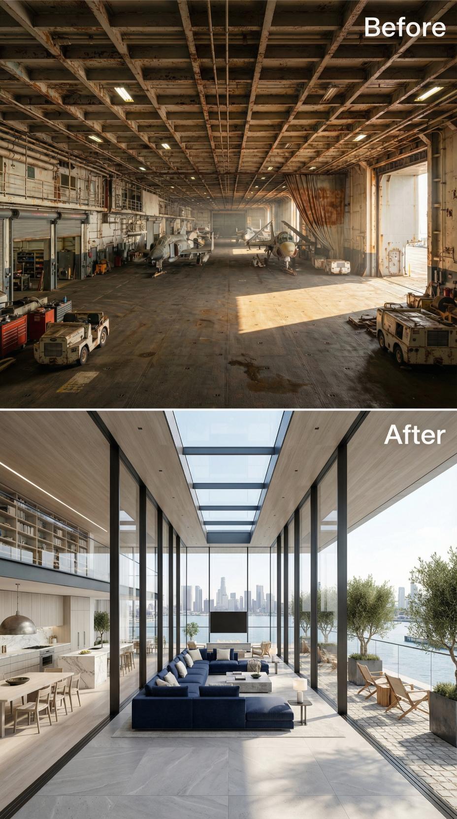 Linen Ceiling, Navy Sectional, and Floor-to-Ceiling Glass Cut Through a Carrier's Hull