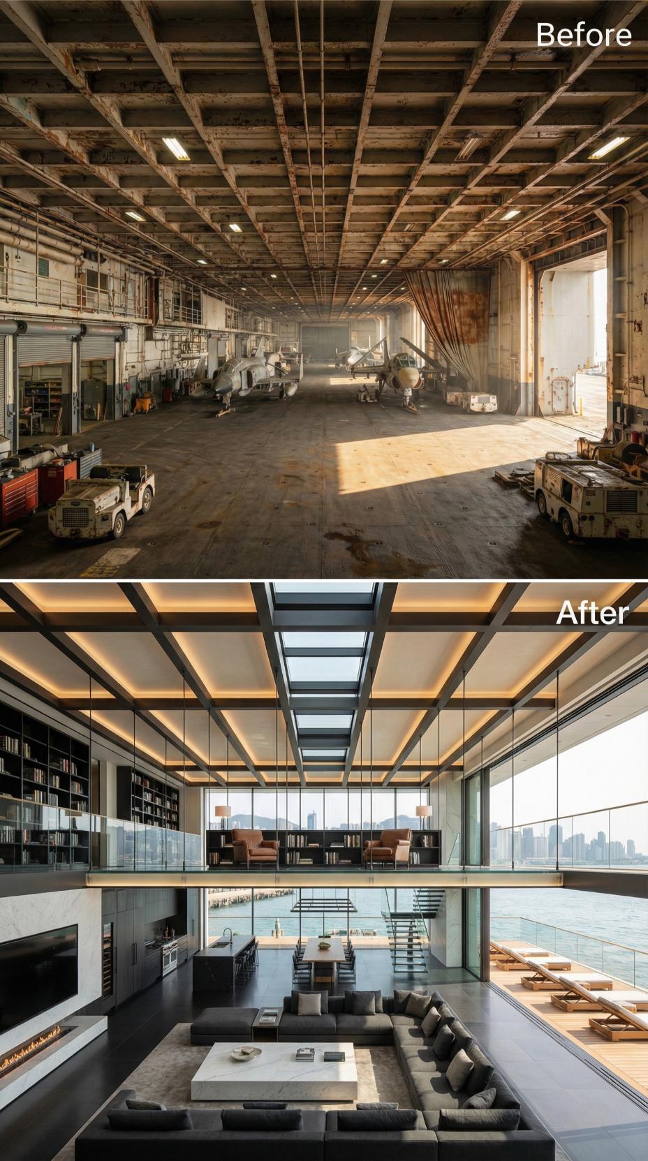 Mezzanine Library, Skylight Ribs, and Glass Walls Facing Open Water