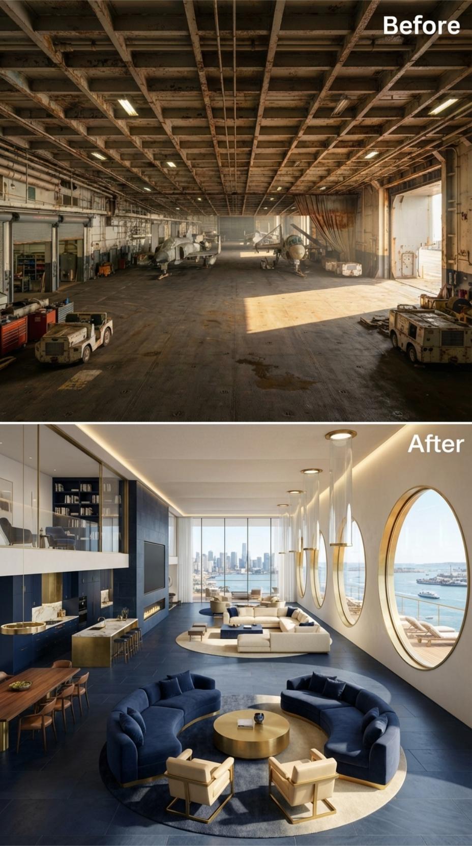 Porthole Walls, Navy Velvet Sectionals, and a Gold-Trimmed Salon Cut from a Carrier Hangar