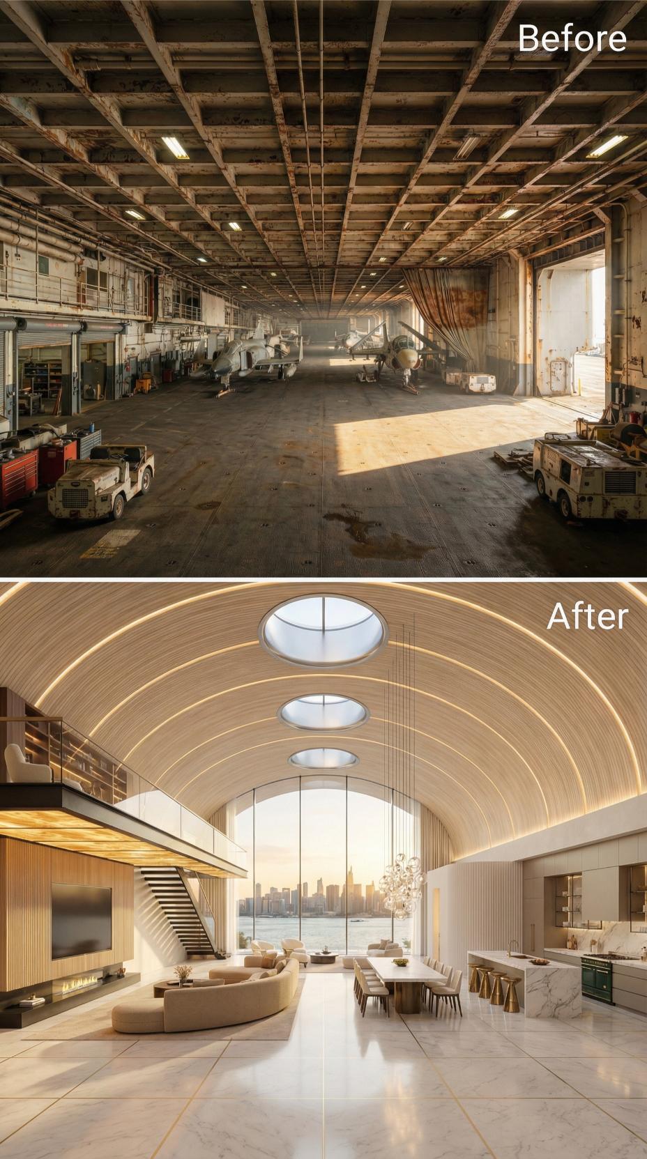 Barrel Vault in Birch Slats, Oval Skylights, and a Kitchen Island Cut from White Marble