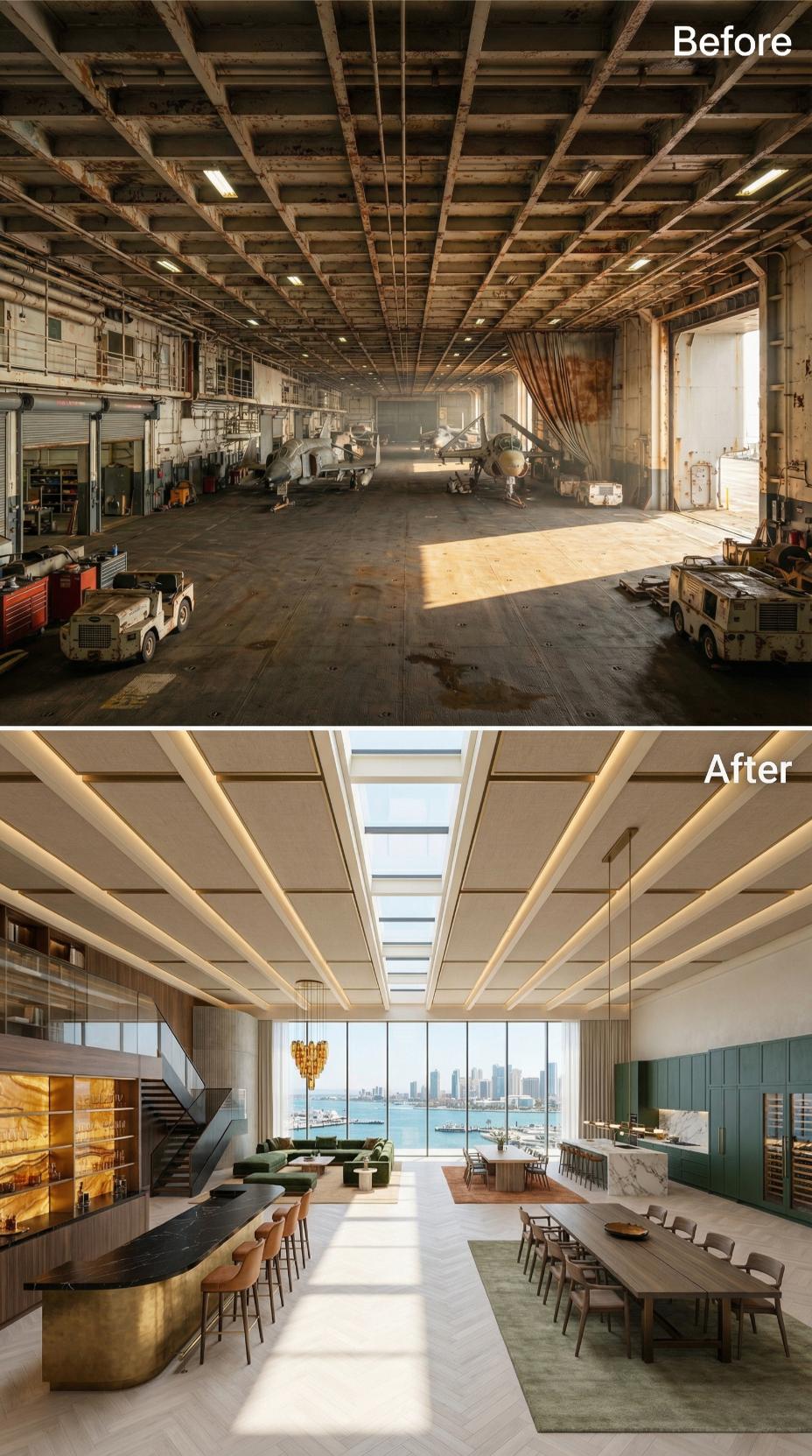 Brass Bar, Coffered Cream Ceiling, and Waterfront Glass Spanning a Former Hangar Bay