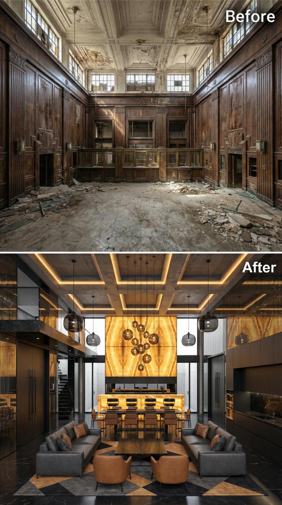 Backlit Onyx Bar Wall and Pendant Cluster Anchor a Renovated Bank Hall