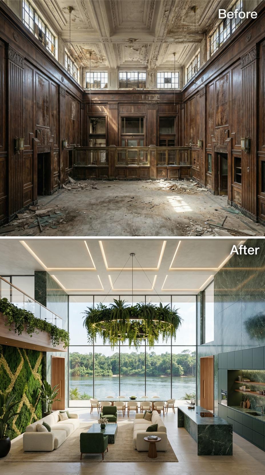 Moss Wall, Hanging Fern Ring, and Green Marble Redefine a Derelict Bank Hall
