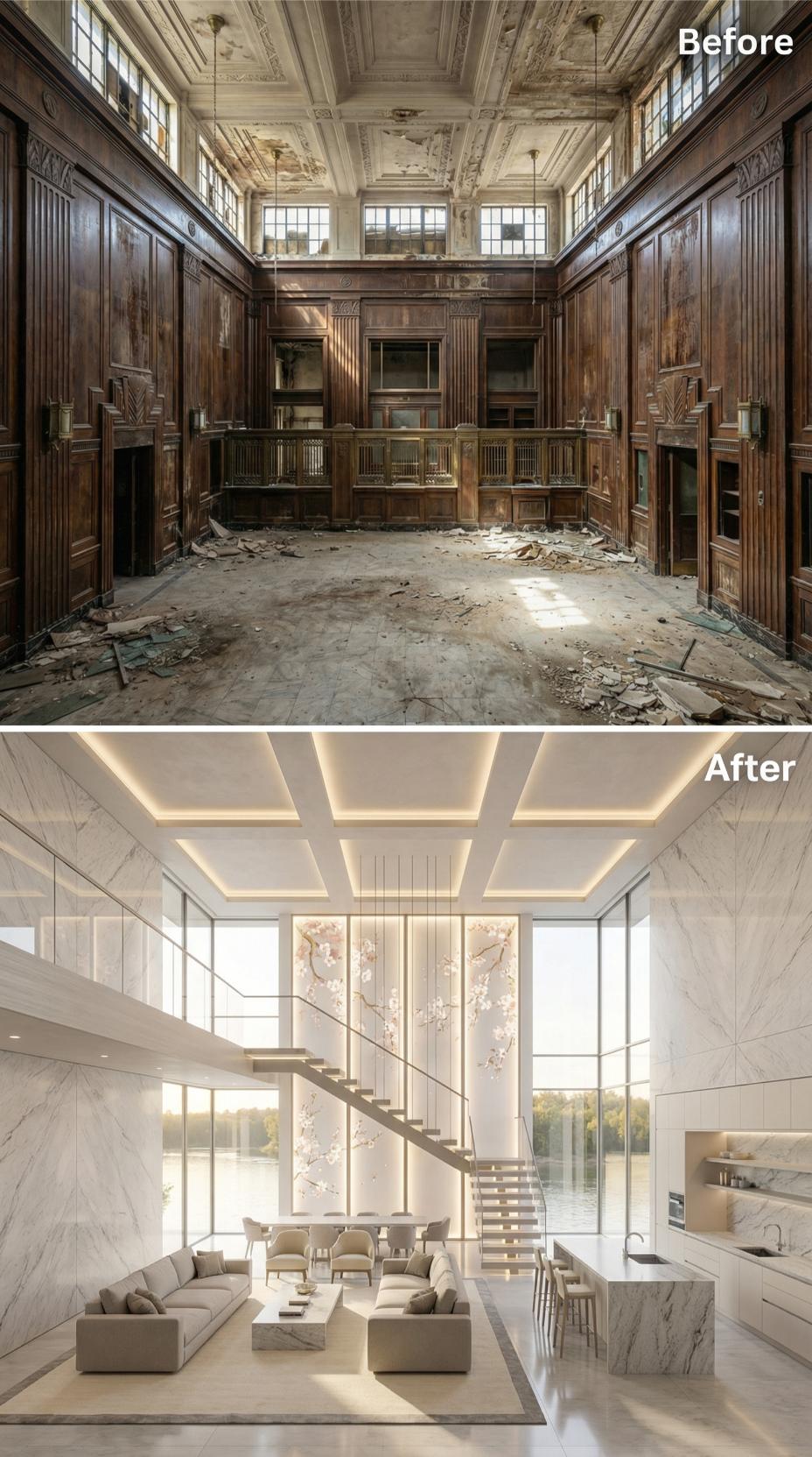 Floating Staircase and Cherry Blossom Panel Replace Rubble-Strewn Teller Counters