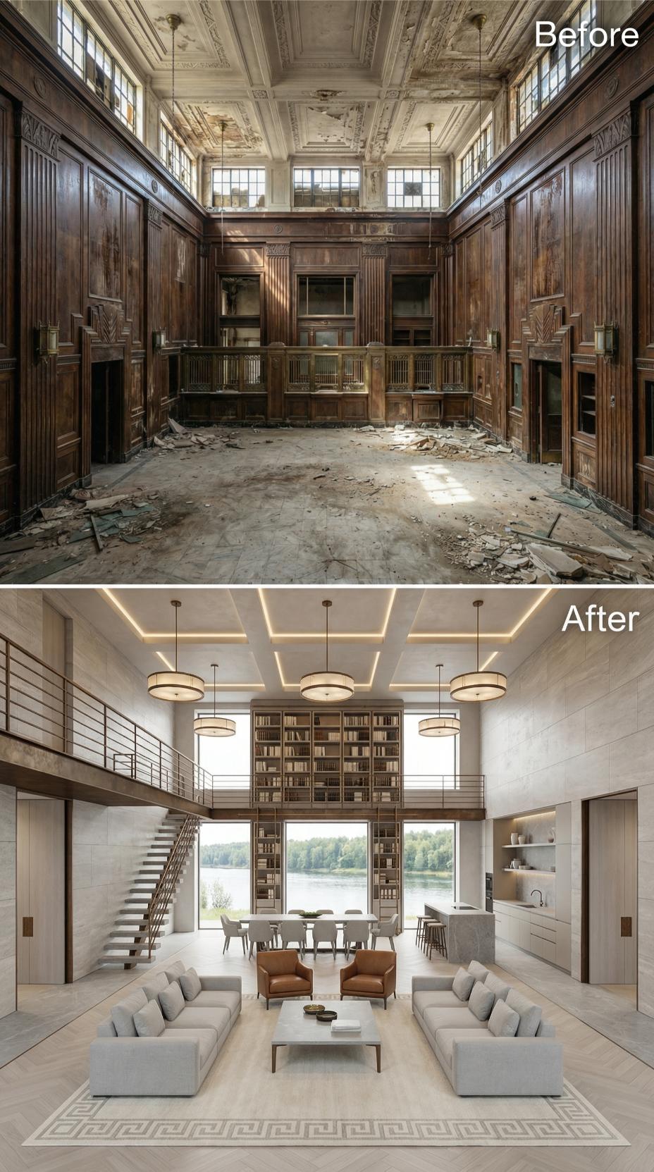 Coffered LED Reveals and Waterfront Glass Wall Reclaim a Gutted Bank Hall