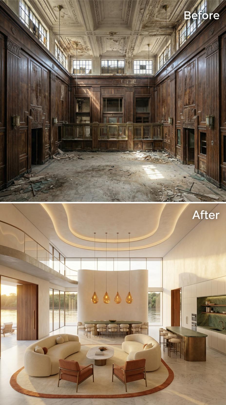 Curved Plaster Divider Wall and Amber Drop Pendants Outlast a Rubble-Strewn Bank Hall