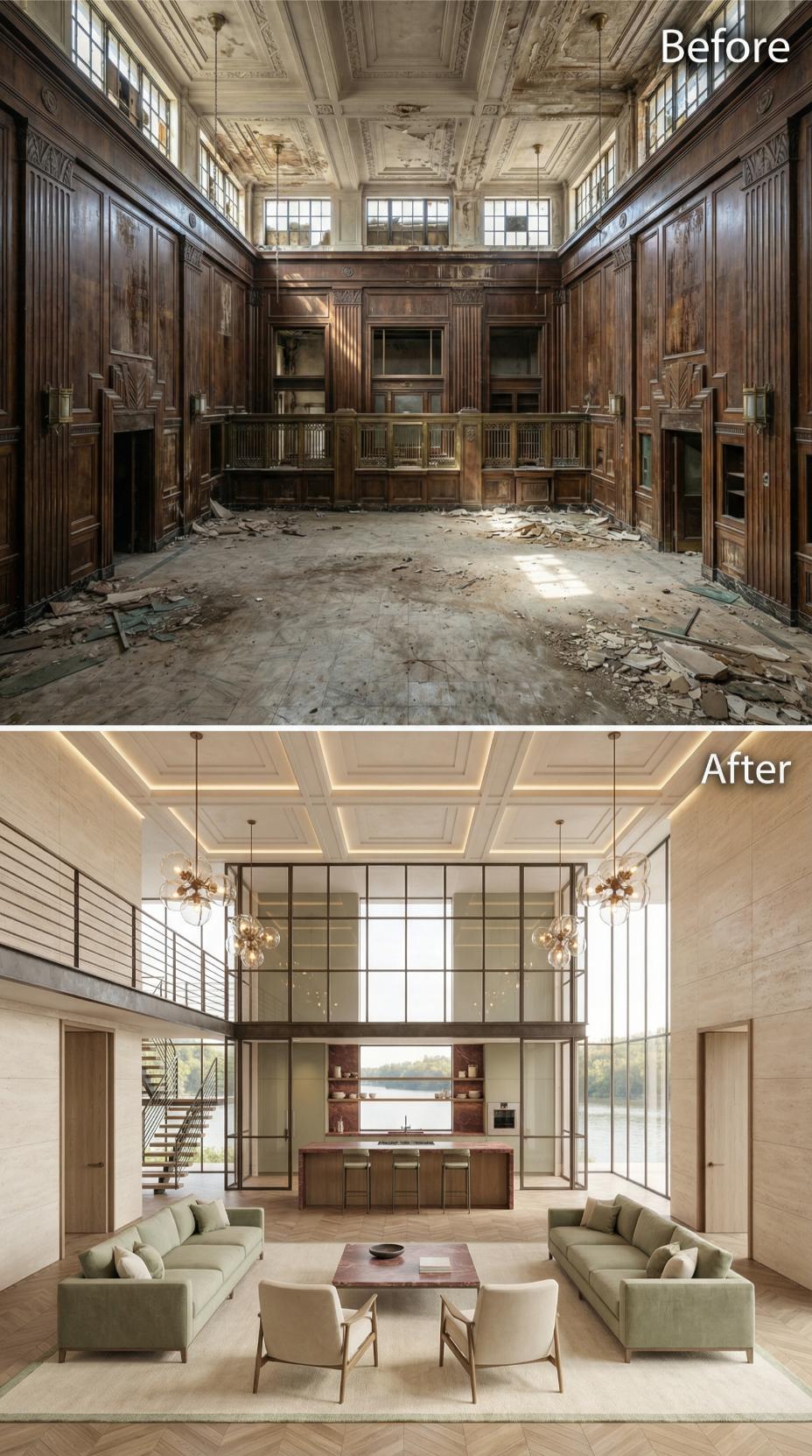 Walnut Island Kitchen and Steel Casement Grid Reclaim a Collapsed Bank Hall