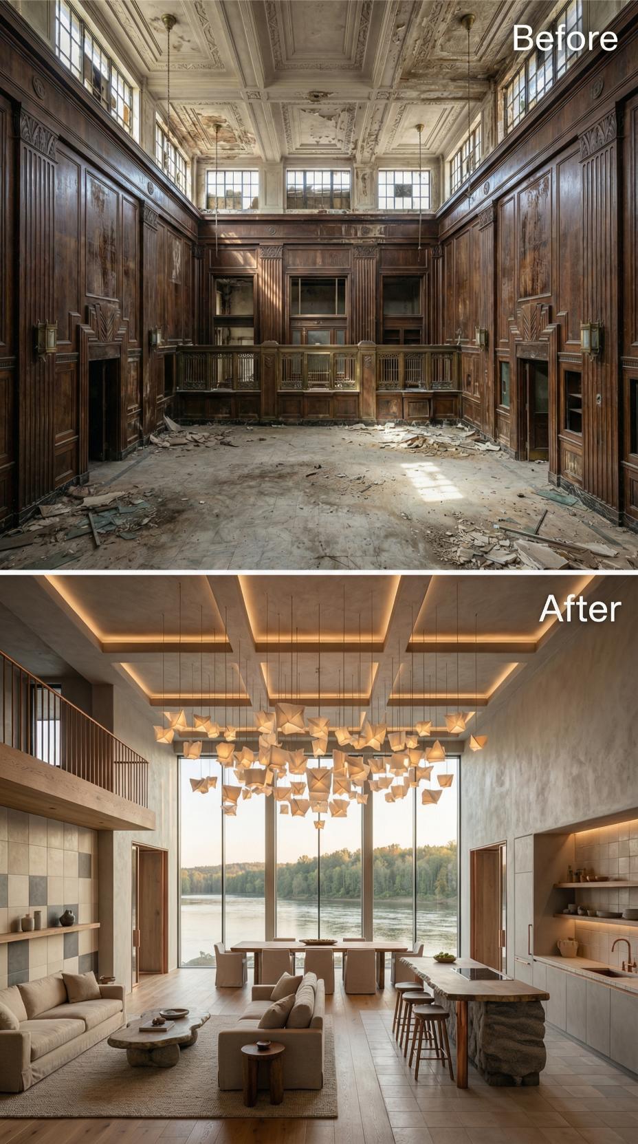 Origami Paper Pendant Cluster and Waterfront Glass Wall Reclaim a Gutted Bank Hall