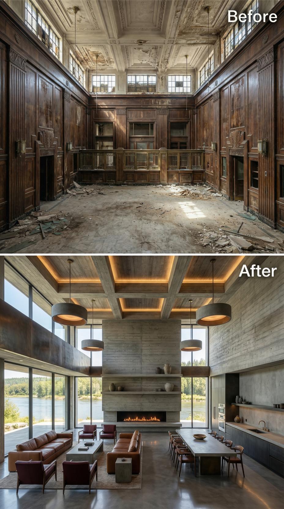 Board-Formed Concrete Walls and Leather Club Chairs Reclaim a Gutted 1930s Bank Hall
