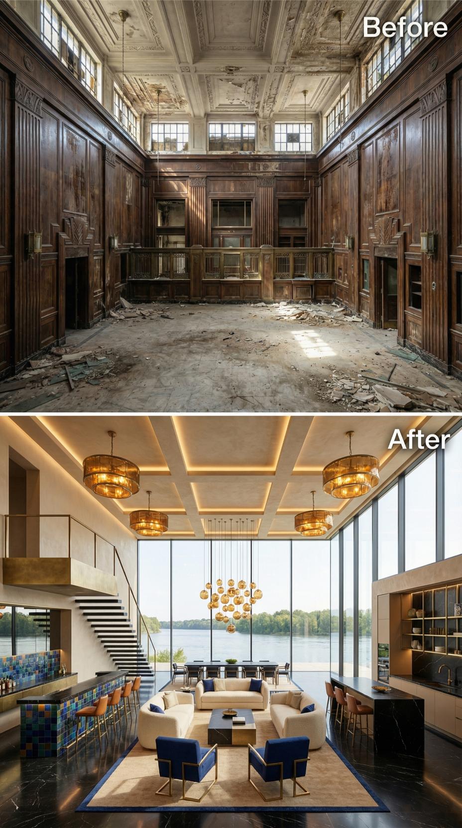 Floor-to-Ceiling Glass and Gold Pendant Clusters Replace a Collapsed Bank Interior