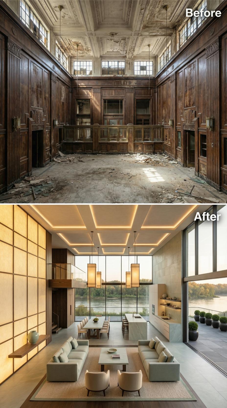 Shoji-Inspired Wall Panels and Waterfront Glass Replace a Debris-Strewn Bank Hall