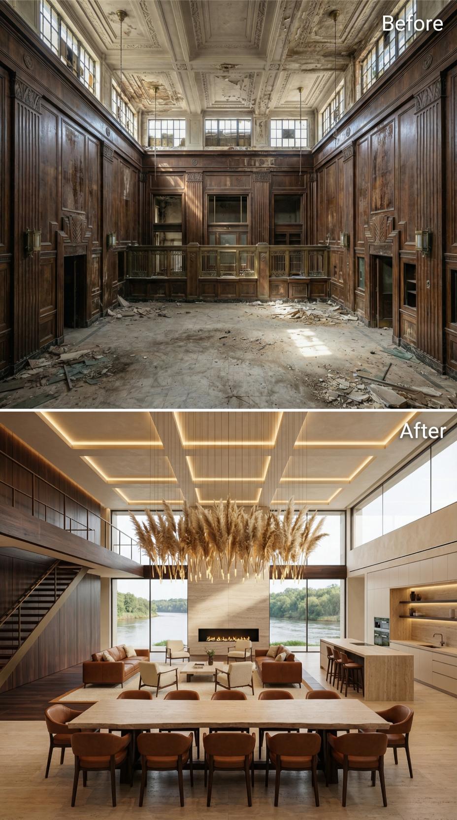 Pampas Grass Chandelier and Coffered LED Ceiling Reclaim a Gutted 1930s Bank Hall