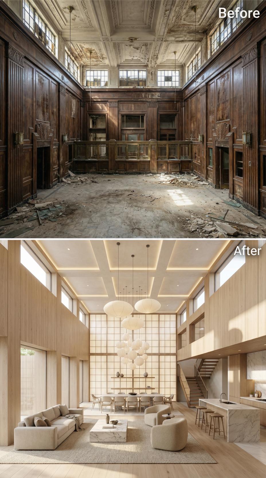 Bleached Ash Paneling and Washi Grid Wall Reclaim a Gutted 1930s Bank Hall