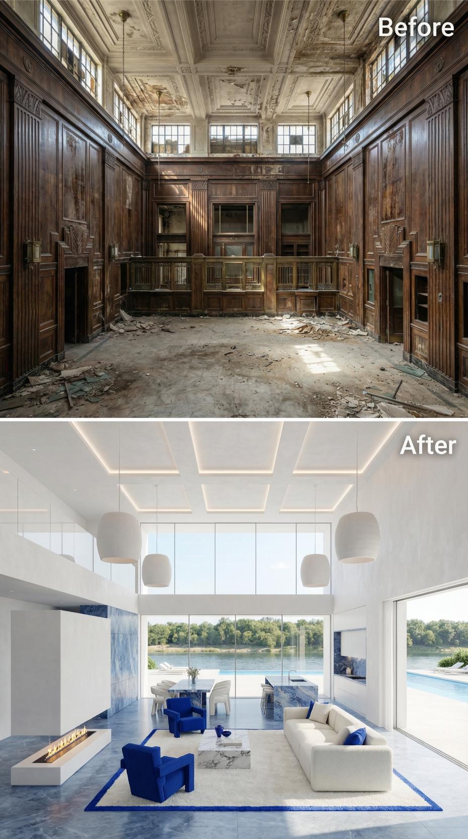 Cobalt Velvet Armchairs and River Glass Replace a Rubble-Covered Bank Hall