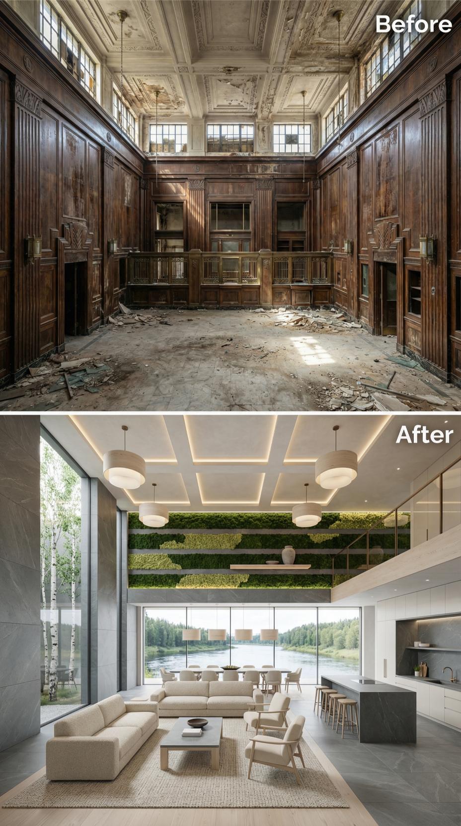 Horizontal Moss Panels and Pendant Drums Replace Collapsed Plaster in a 1930s Bank Hall