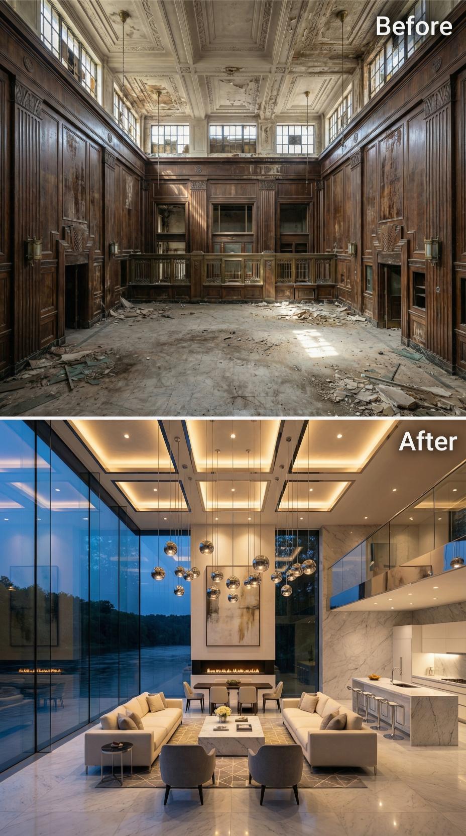 Coffered LED Ceilings and Globe Pendant Clusters Reclaim a Gutted Bank Hall