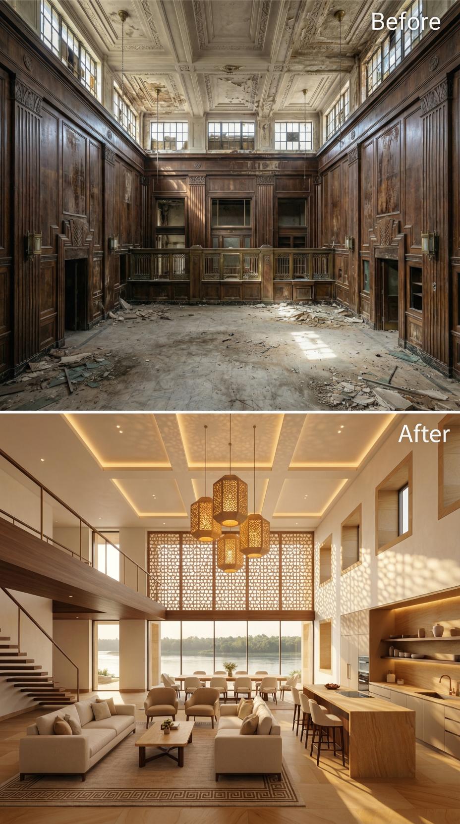 Moroccan Lattice Screen and Warm Oak Finishes Reclaim a Gutted 1930s Bank Hall