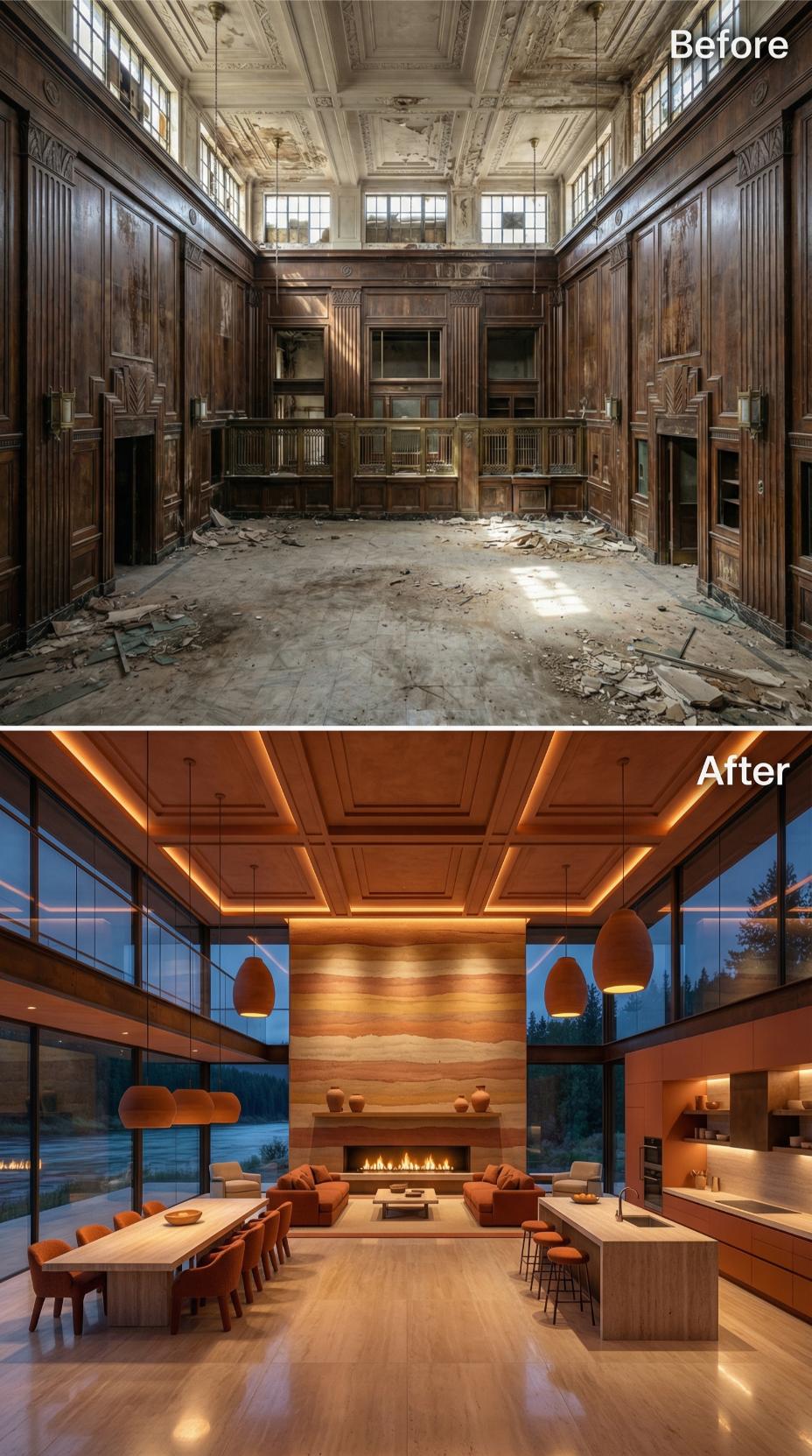 Warm Travertine Fireplace Wall and Egg-Form Pendants Outlast a Gutted 1930s Bank Hall