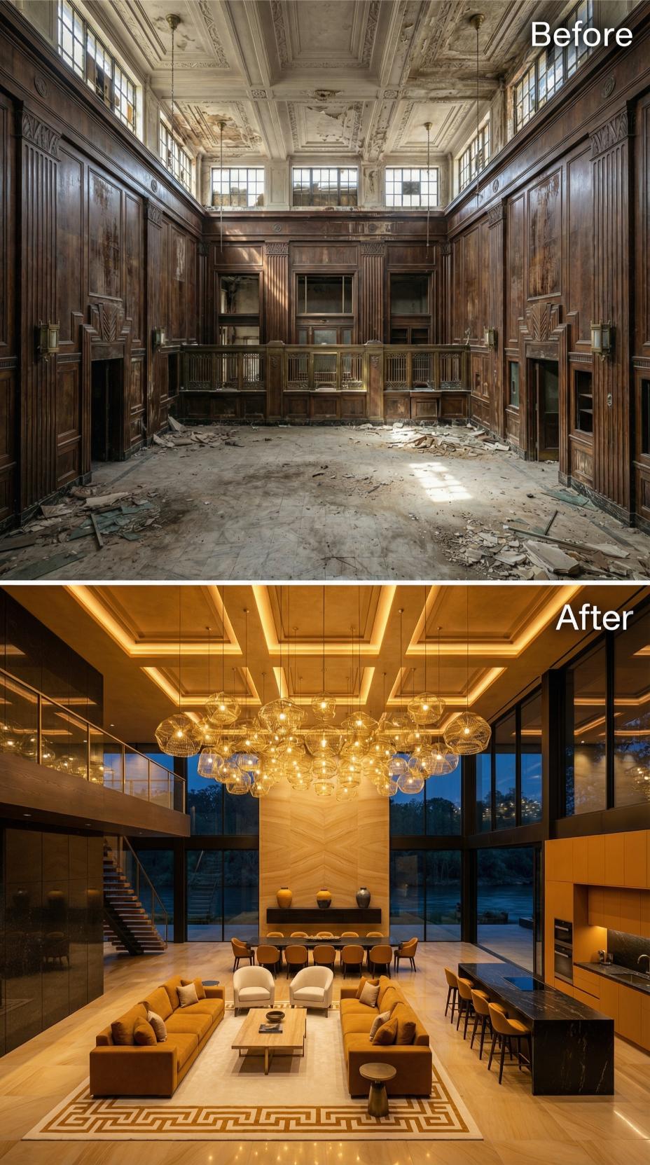 Woven Gold Pendant Cluster and Amber Sectionals Reclaim a Gutted Bank Hall