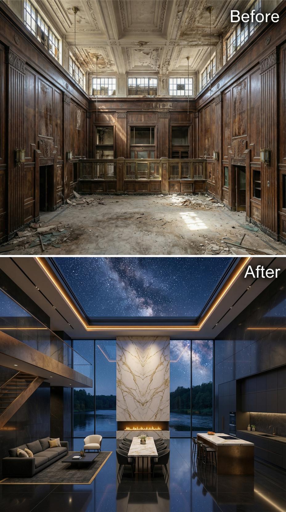 Milky Way Ceiling Mural and Marble Fireplace Wall Reclaim a Debris-Strewn Bank Hall