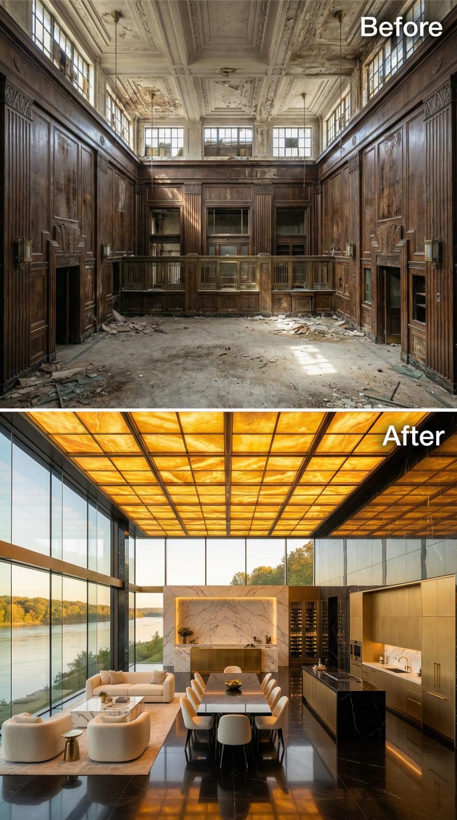 Gold Onyx Ceiling Panels and Floor-to-Ceiling Glass Recast a Crumbling Bank Hall