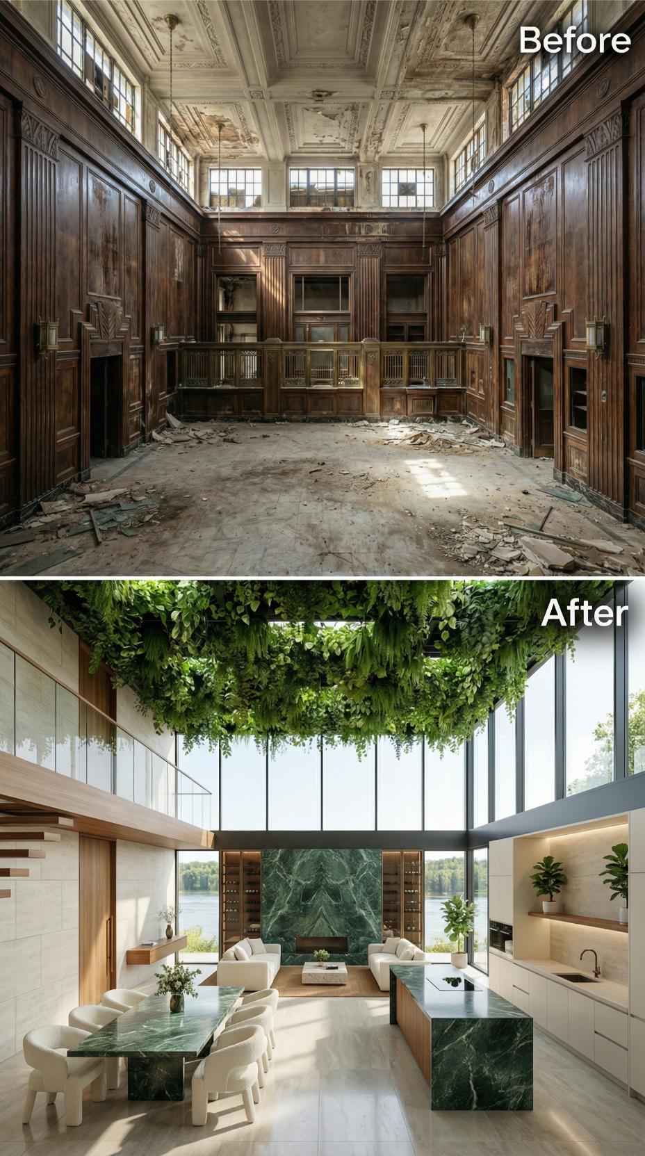 Hanging Greenery Canopy, Green Marble Surfaces, and Floor-to-Ceiling Glass Replace Crumbling Plaster
