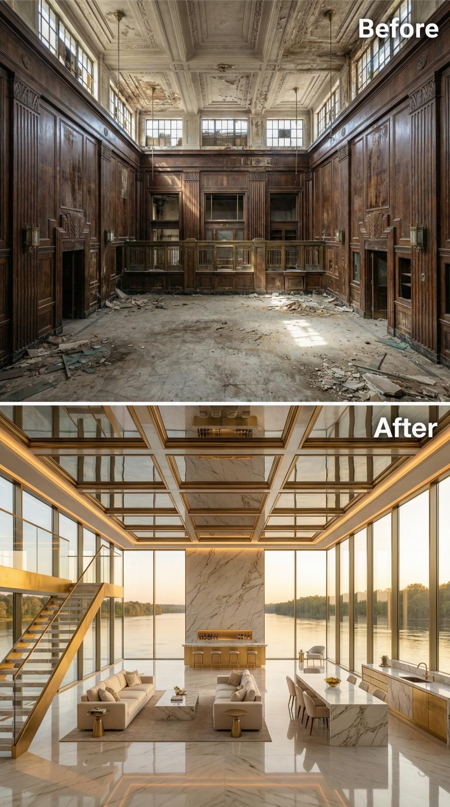 Crumbling Teller Hall Rebuilt With Marble Slabs, Brass Stair Rails, and Floor-to-Ceiling Glass