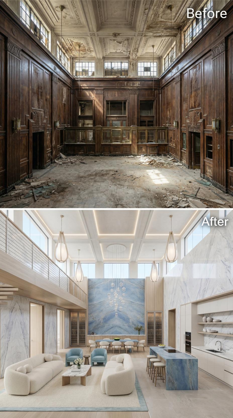 Azul Macaubas Feature Wall and Teardrop Pendants Outlast a Crumbling Bank Hall