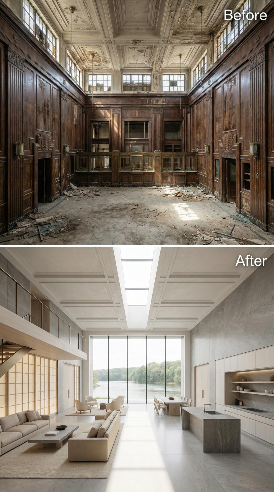 Shoji Staircase and Honed Stone Island Replace a Rubble-Covered Teller Hall