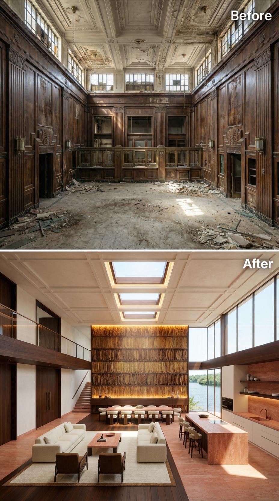 Burl Wood Feature Wall and Skylights Outlast a Gutted 1930s Bank Hall